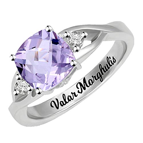 Coudf Anillo con Nombre Tallado Personalizado Anillo de Piedra Natal Cuadrada Ideas de Aniversario de Navidad para Madre Abuela（Plata 17.25）