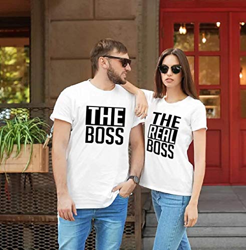 Couple Pareja T-Shirt Set The Boss & The Real Boss - 1x Camiseta Hombre Blanco M