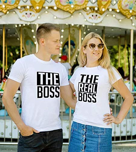 Couple Pareja T-Shirt Set The Boss & The Real Boss - 1x Camiseta Hombre Blanco M