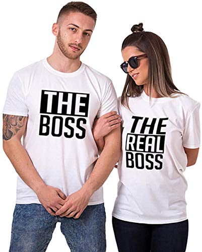 Couple Pareja T-Shirt Set The Boss & The Real Boss - 1x Camiseta Hombre Blanco M
