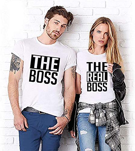 Couple Pareja T-Shirt Set The Boss & The Real Boss - 1x Camiseta Hombre Blanco M
