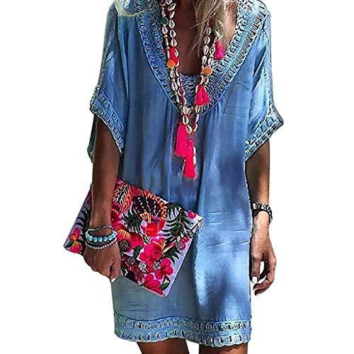Cover Up Mujer Beachwear 2019 Nuevo SHOBDW Pareos Playa de Verano Casual Color Sólido Tops Blusa Fuera del Hombro Encaje Vestido Suelto Tallas Grandes S-XXL(Azul,XL)
