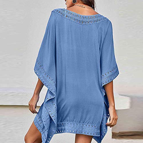 Cover Up Mujer Beachwear 2019 Nuevo SHOBDW Pareos Playa de Verano Casual Color Sólido Tops Blusa Fuera del Hombro Encaje Vestido Suelto Tallas Grandes S-XXL(Azul,XL)
