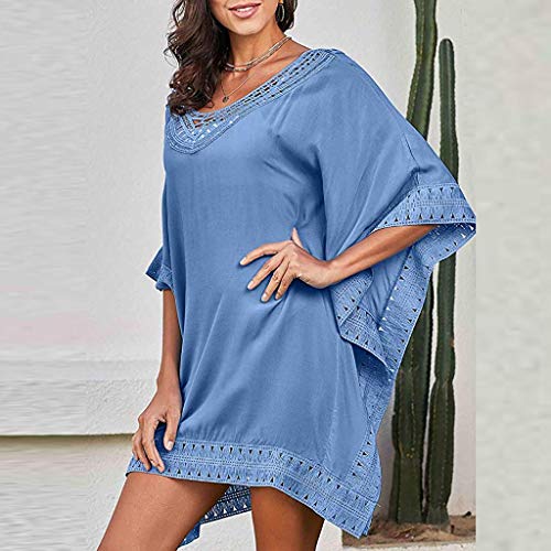 Cover Up Mujer Beachwear 2019 Nuevo SHOBDW Pareos Playa de Verano Casual Color Sólido Tops Blusa Fuera del Hombro Encaje Vestido Suelto Tallas Grandes S-XXL(Azul,XL)