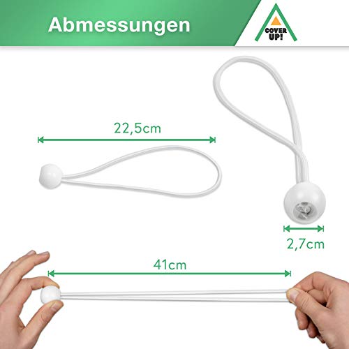 CoverUp! 25 Bolas Bungee - Cuerdas elásticas con Bola para una fijación óptima - tensores de Cuerda para Cualquier Uso - tensores Elasticos para Lonas y Tiendas (Blanco)