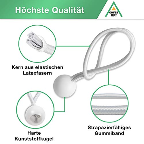 CoverUp! 25 Bolas Bungee - Cuerdas elásticas con Bola para una fijación óptima - tensores de Cuerda para Cualquier Uso - tensores Elasticos para Lonas y Tiendas (Blanco)