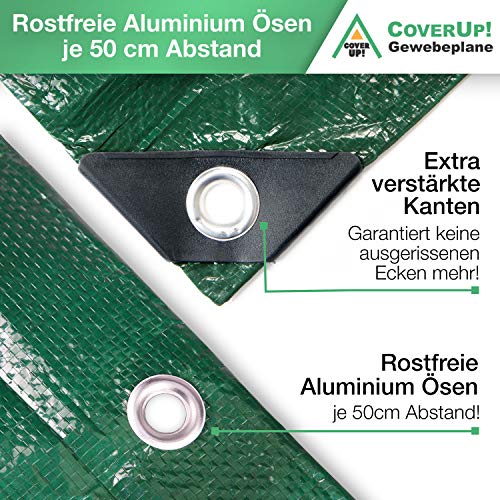 CoverUp! Lona Impermeable Exterior 1,5 x 6 m [120 g/m2] + Cuerda de 17 m, Lona de protección con Ojales para Muebles de jardín, Piscina, Coche, Lona de protección Impermeable y Resistente a la Rotura
