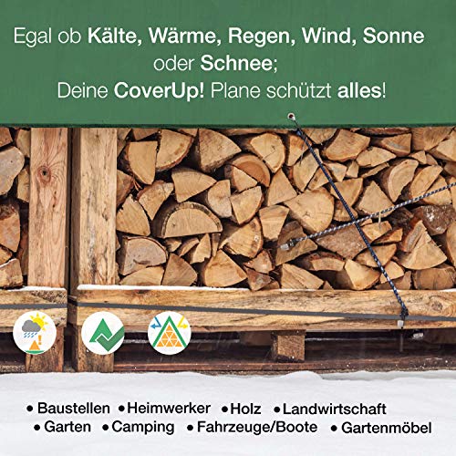 CoverUp! Lona Impermeable Exterior 1,5 x 6 m [120 g/m2] + Cuerda de 17 m, Lona de protección con Ojales para Muebles de jardín, Piscina, Coche, Lona de protección Impermeable y Resistente a la Rotura