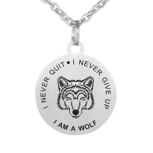 CraDiabh Never Give Up Never Quit Wolf Colgante Acero Inoxidable Placa Perro Collar