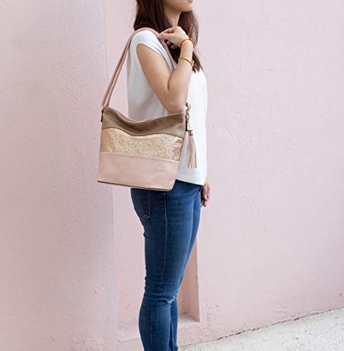 CRAZYCHIC - Bolso Bandolera Lentejuelas Mujer - Bolsos Hombro Cuero PU - Crossbody Messenger Multicolor Rayas - Bolso del Cubo - Cartera de Mano Fiesta Noche Elegante Moda - Rosa