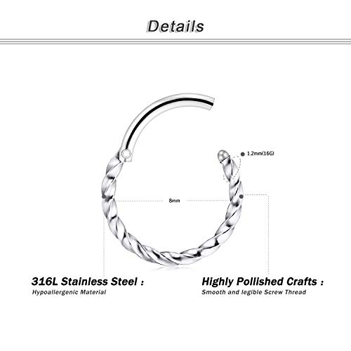 Crdifu 4 Aro de Nariz Acero Quirúrgico 8mm Pendientes Labio Septum Tragus Anillo Segmento Bisagra 16G Piercing