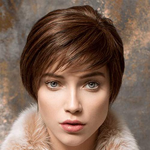 Creamily Pelucas cortas con estilo con flequillo en capas Pixie Cut peluca de pelo sintético recto natural (Marrón rojiza # 33)