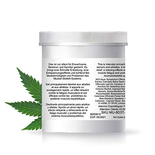 Crema Gel Calmante y Hidratante de masajes corporal, lubricante alivia dolores muscular Pomada tratamiento con aceite de cáñamo antiinflamatorio natural Formato ahorro 500 ml