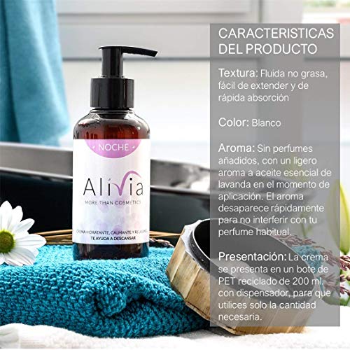 Crema hidratante corporal multifuncional NOCHE: Hidratación, alivio del dolor muscular y articular, ayudando al descanso, con melatonina y lavanda. ALIVIA, cosmética natural para sentirse bien. 200 ml