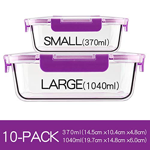 CREST Juego de 10 Recipiente - Contenedor de Almacenamiento de Alimentos de Vidrio - 20 piezas (10 envases + 10 tapas) Para preparar alimentos - Sin BPA
