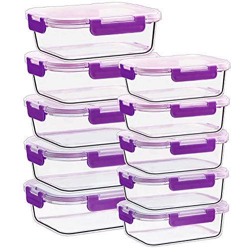 CREST Juego de 10 Recipiente - Contenedor de Almacenamiento de Alimentos de Vidrio - 20 piezas (10 envases + 10 tapas) Para preparar alimentos - Sin BPA