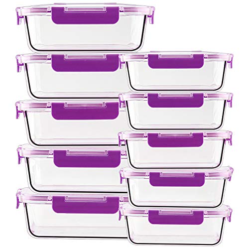 CREST Juego de 10 Recipiente - Contenedor de Almacenamiento de Alimentos de Vidrio - 20 piezas (10 envases + 10 tapas) Para preparar alimentos - Sin BPA