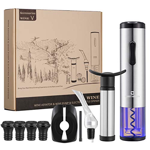 CRITIRON Sacacorchos Eléctrico Inalámbrico para Vino, con Aireador Pourer, Cortador de Aluminio, Bomba de Vacío para Ahorro de Vino, 4 Tapones de Vino, Halloween y Navidad, Amantes del Vino