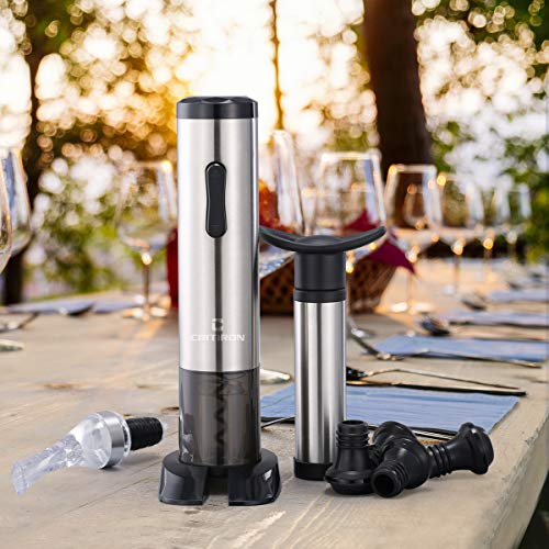 CRITIRON Sacacorchos Eléctrico Inalámbrico para Vino, con Aireador Pourer, Cortador de Aluminio, Bomba de Vacío para Ahorro de Vino, 4 Tapones de Vino, Halloween y Navidad, Amantes del Vino