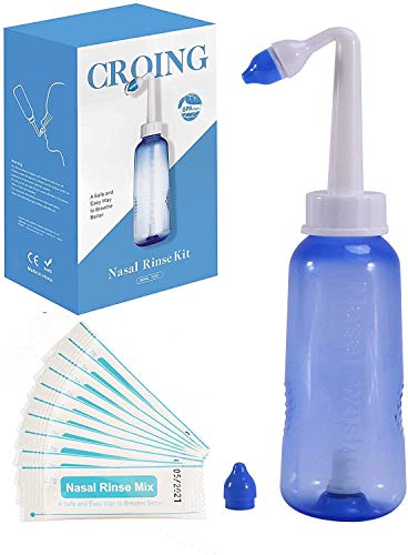 CROING-Botella de 300 ml + 80 paquetes de sal-Neti Pot - Botella de Lavado Nasal Yoga Nasal Botella Nariz Limpiador Botella