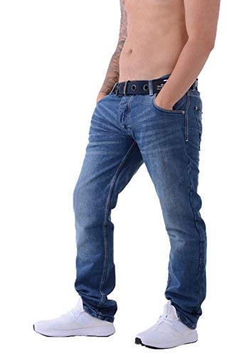 Crosshatch - Pantalones vaqueros para hombre regulares de pierna recta de algodón de marca vaquera con cinturón gratis Stone Wash 30 " tamaño de la cintura-largo