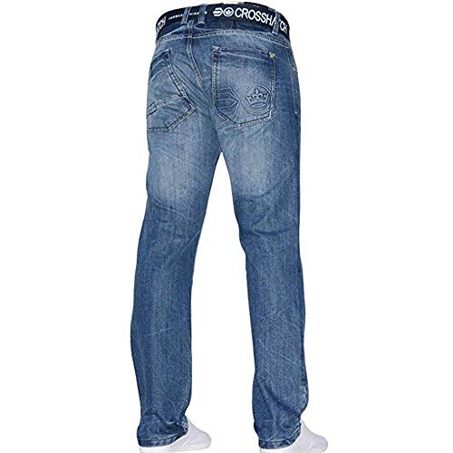 Crosshatch - Pantalones vaqueros para hombre regulares de pierna recta de algodón de marca vaquera con cinturón gratis Stone Wash 30 " tamaño de la cintura-largo
