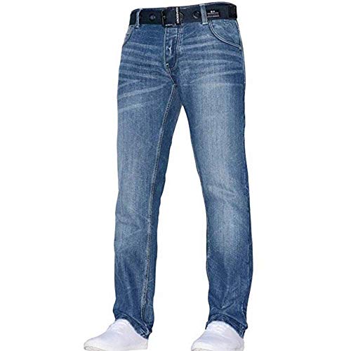 Crosshatch - Pantalones vaqueros para hombre regulares de pierna recta de algodón de marca vaquera con cinturón gratis Stone Wash 30 " tamaño de la cintura-largo