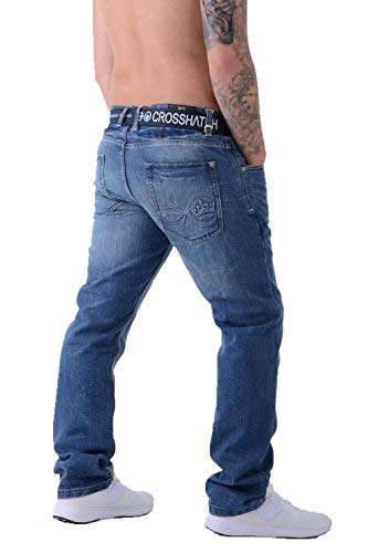 Crosshatch - Pantalones vaqueros para hombre regulares de pierna recta de algodón de marca vaquera con cinturón gratis Stone Wash 30 " tamaño de la cintura-largo