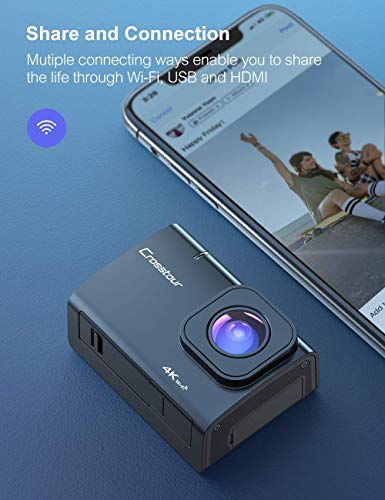 Crosstour CT9500 Nativo 4K50FPS Cámara Deportiva Wi-Fi Camara de Accion (Sumergible de 40M Camara Acuática con Ángulo de visión ajustable y EIS, 2 Baterías de 1350 mAh y Montaje de Accesorios)