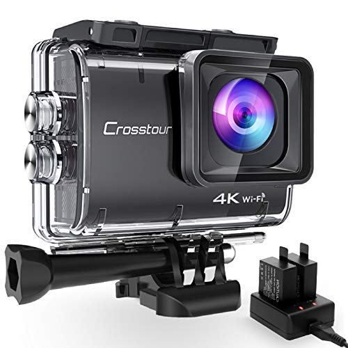 Crosstour CT9500 Nativo 4K50FPS Cámara Deportiva Wi-Fi Camara de Accion (Sumergible de 40M Camara Acuática con Ángulo de visión ajustable y EIS, 2 Baterías de 1350 mAh y Montaje de Accesorios)