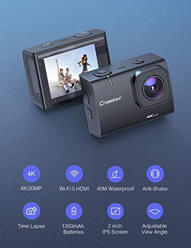 Crosstour CT9500 Nativo 4K50FPS Cámara Deportiva Wi-Fi Camara de Accion (Sumergible de 40M Camara Acuática con Ángulo de visión ajustable y EIS, 2 Baterías de 1350 mAh y Montaje de Accesorios)