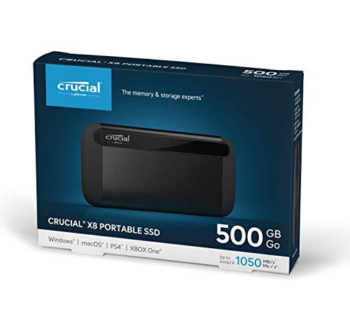 Crucial CT500X8SSD9, 500 GB, X8 Portable SSD, de hasta 1050MB/s, USB 3.2, USB-C, USB-A