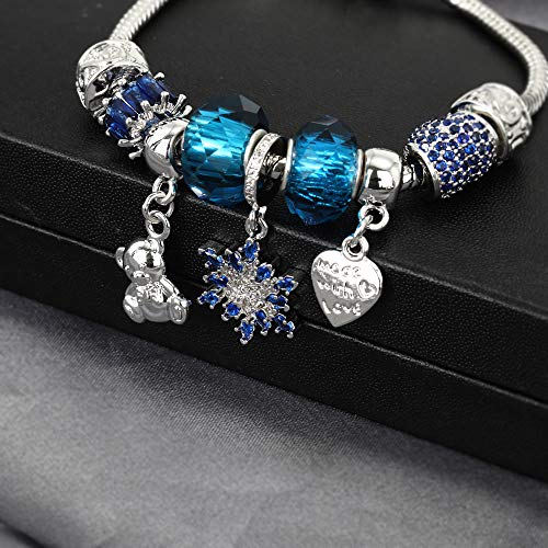 CT Jewelry Pulseras Brillantes Abalorios United Flor Hexagonal Corazon Oro Blanco 14K Moda Charms Mujer Regalos, Azul