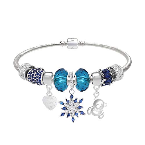 CT Jewelry Pulseras Brillantes Abalorios United Flor Hexagonal Corazon Oro Blanco 14K Moda Charms Mujer Regalos, Azul