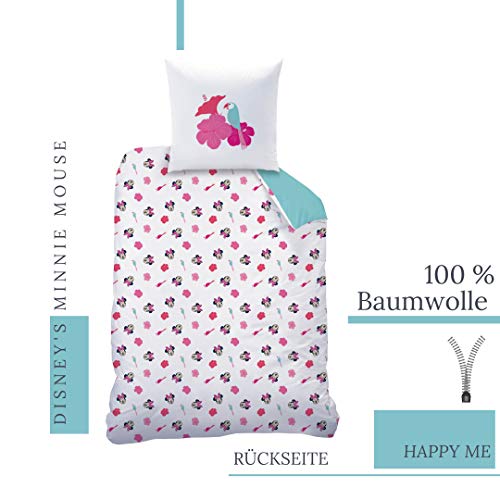 CTI Minnie Mouse Juego de cama ☆ Ropa de cama infantil para niña, turquesa y rosa ☆ Disney Minnie Mouse Happy ME – 1 funda de almohada de 80 x 80 + 1 funda nórdica de 135 x 200 cm