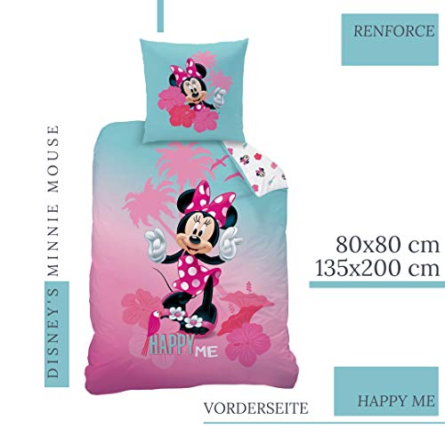 CTI Minnie Mouse Juego de cama ☆ Ropa de cama infantil para niña, turquesa y rosa ☆ Disney Minnie Mouse Happy ME – 1 funda de almohada de 80 x 80 + 1 funda nórdica de 135 x 200 cm