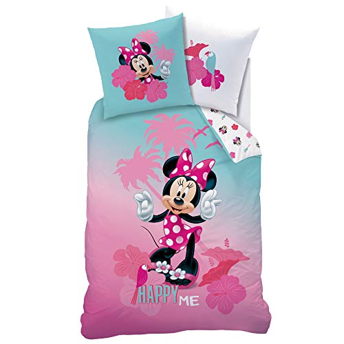 CTI Minnie Mouse Juego de cama ☆ Ropa de cama infantil para niña, turquesa y rosa ☆ Disney Minnie Mouse Happy ME – 1 funda de almohada de 80 x 80 + 1 funda nórdica de 135 x 200 cm