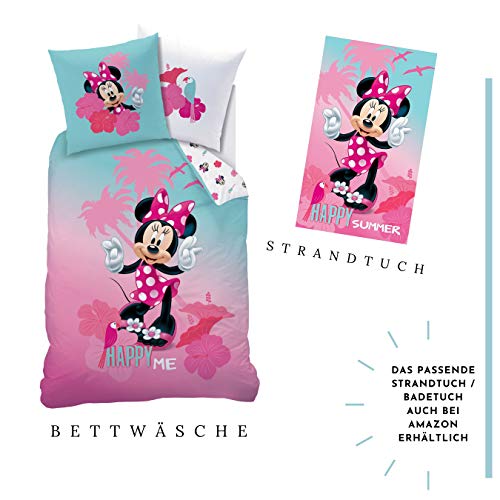 CTI Minnie Mouse Juego de cama ☆ Ropa de cama infantil para niña, turquesa y rosa ☆ Disney Minnie Mouse Happy ME – 1 funda de almohada de 80 x 80 + 1 funda nórdica de 135 x 200 cm