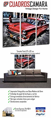 Cuadro Fotográfico Coche Clasico Rojo en Cuba, Vintage Tamaño total: 97 x 62 cm XXL