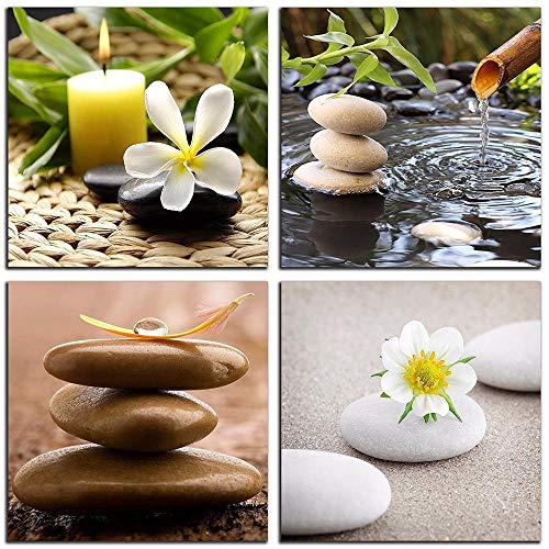 Cuadros de bambú verde con Zen Stone Velas Impresión en lienzo Arte de la pared para el baño en casa Sala de estar Dormitorio Decoración Sin marco