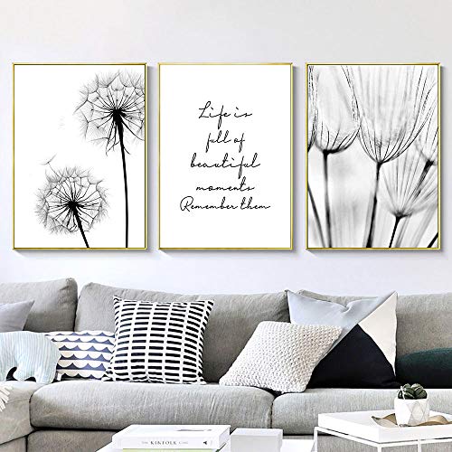 Cuadros en blanco y negro Pintura de lienzo de pintura de lienzo de diente de león Impresión del arte Nordic Dandelion Poster Arte de la pared Dormitorio Sin marco