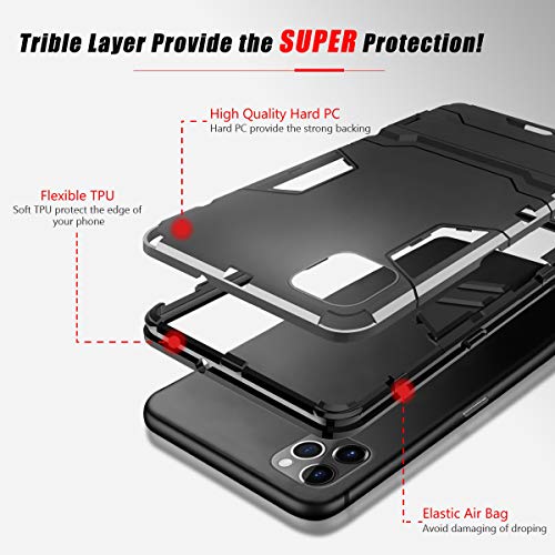 Cubierta Resistente para Apple iPhone 11 Pro 5.8, Funda Combinada de Triple Capa [Carcasa Rígida del Teléfono + Parachoques de TPU + Airbag] Cubierta Anticaída de Delgado con Soporte (Negro)