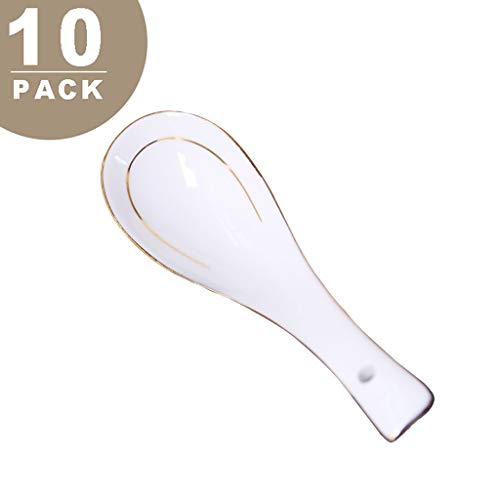 Cuchara de sopa asiática de cerámica Un conjunto de 10 lujosas Cerámica blanca cuchara de sopa con Golden Sin aristas Cuchara de postre Cuchara de Hogares Adecuado for sopa de salsa torta de harina de
