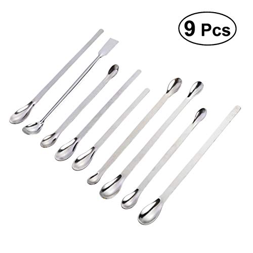 Cucharas de acero inoxidable de Ukcoco 9 en 1, cucharas de laboratorio, espátula de mezcla, longitud 16, 18, 20, 22 cm, plata