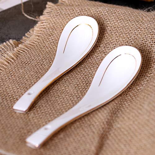 Cucharas de sopa Un conjunto de 10 lujosas Cerámica blanca cuchara de sopa con Golden Sin aristas Cuchara de postre Cuchara de Hogares Adecuado for sopa de salsa torta de harina de avena Caos Cazo par
