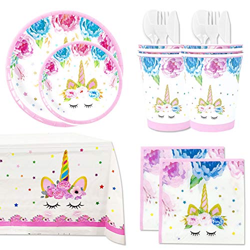 Cumpleaños Unicornio - Kit de Vajilla Desechable Unicornio+Accesorios de Decoración para Fiesta de Niña -16 Invitados