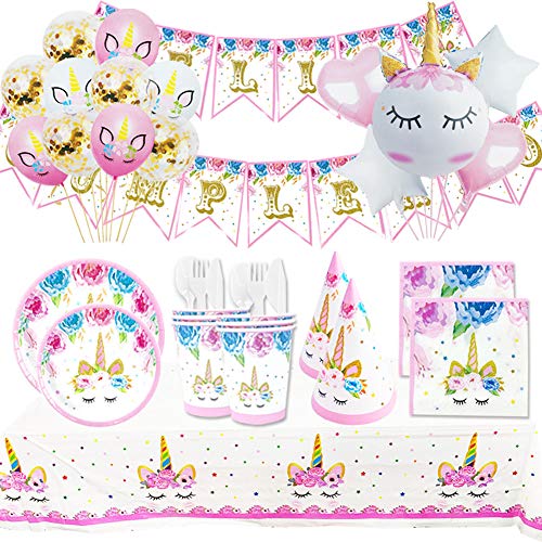 Cumpleaños Unicornio - Kit de Vajilla Desechable Unicornio+Accesorios de Decoración para Fiesta de Niña -16 Invitados