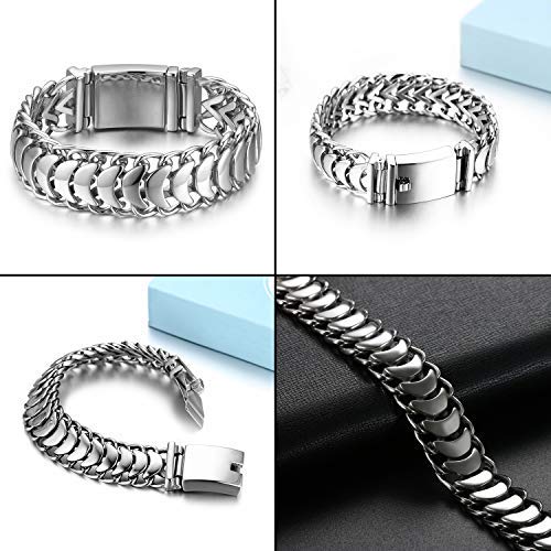 Cupimatch Pulsera Hombre Biker Acero Inoxidable Plata Pulido Brazalete Joyería de Moda Hipoalergénico Regalo Pascua San Valentín