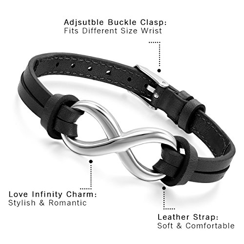 Cupimatch Pulseras Infinito 2 Pcs Cuero Acero Inoxidable Ajustable Brazalete Hombre Mujer Regalo Amor Amistad Aniversario Boda