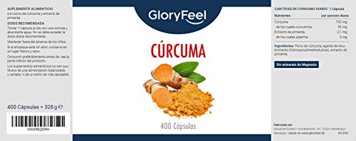 Cúrcuma Curcumina con Pimienta Negra (Piperina) - 400 Cápsulas Veganas (Suministro para 1+ año) - Máxima Potencia 700mg por Cápsula - Polvo de Turmeric Original de la India - Fabricado en Alemania